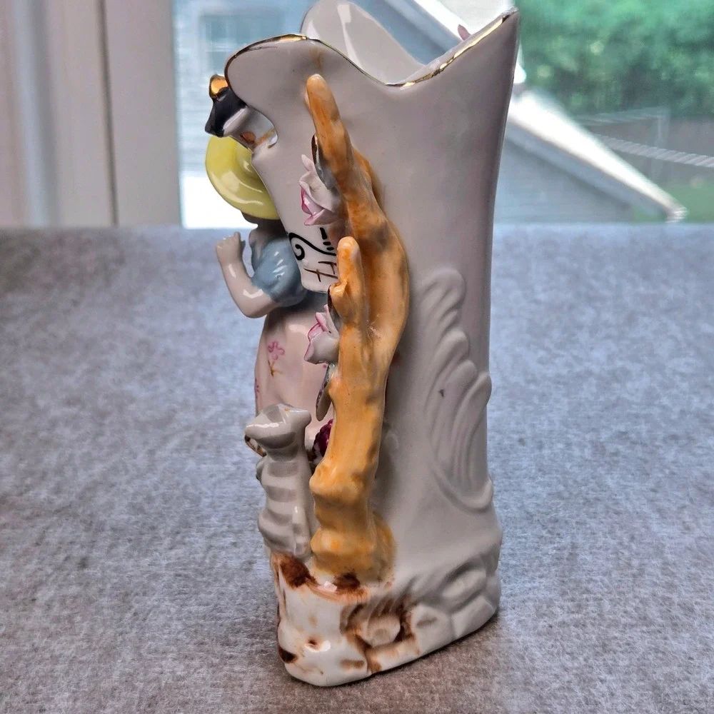 Vtg Camille Naudot Porcelain Figurine Vase Young Girl With Cat and Pink Roses